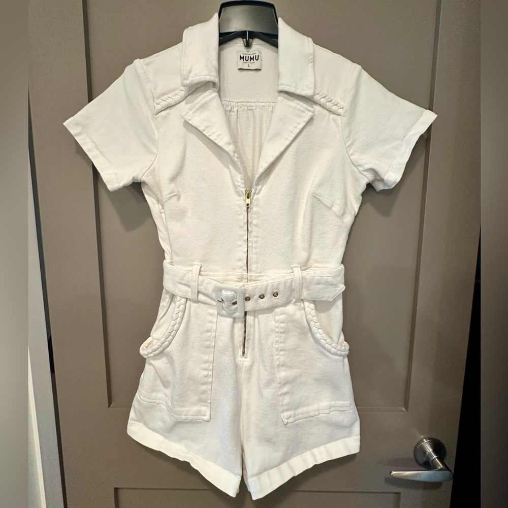 Show Me Your Mumu Jean Romper in Pearly White